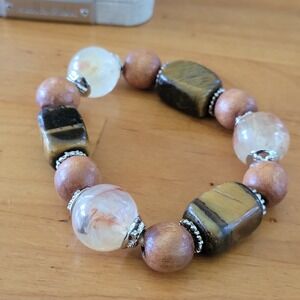 Chunky Tigers Eye Wood Bead Stretch Bracelet Marbled Glass 43g Vtg
